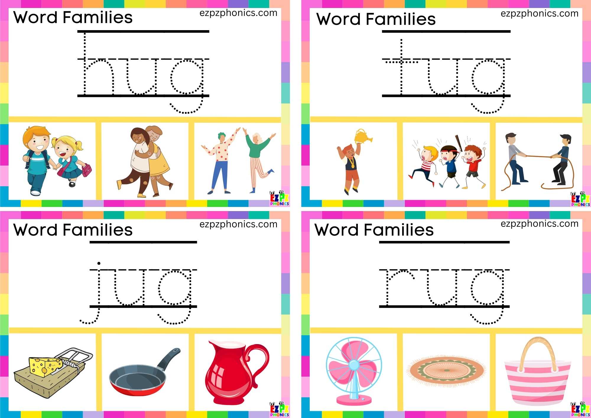 Write the words and clip the image Clip cards for word family ug group 1
